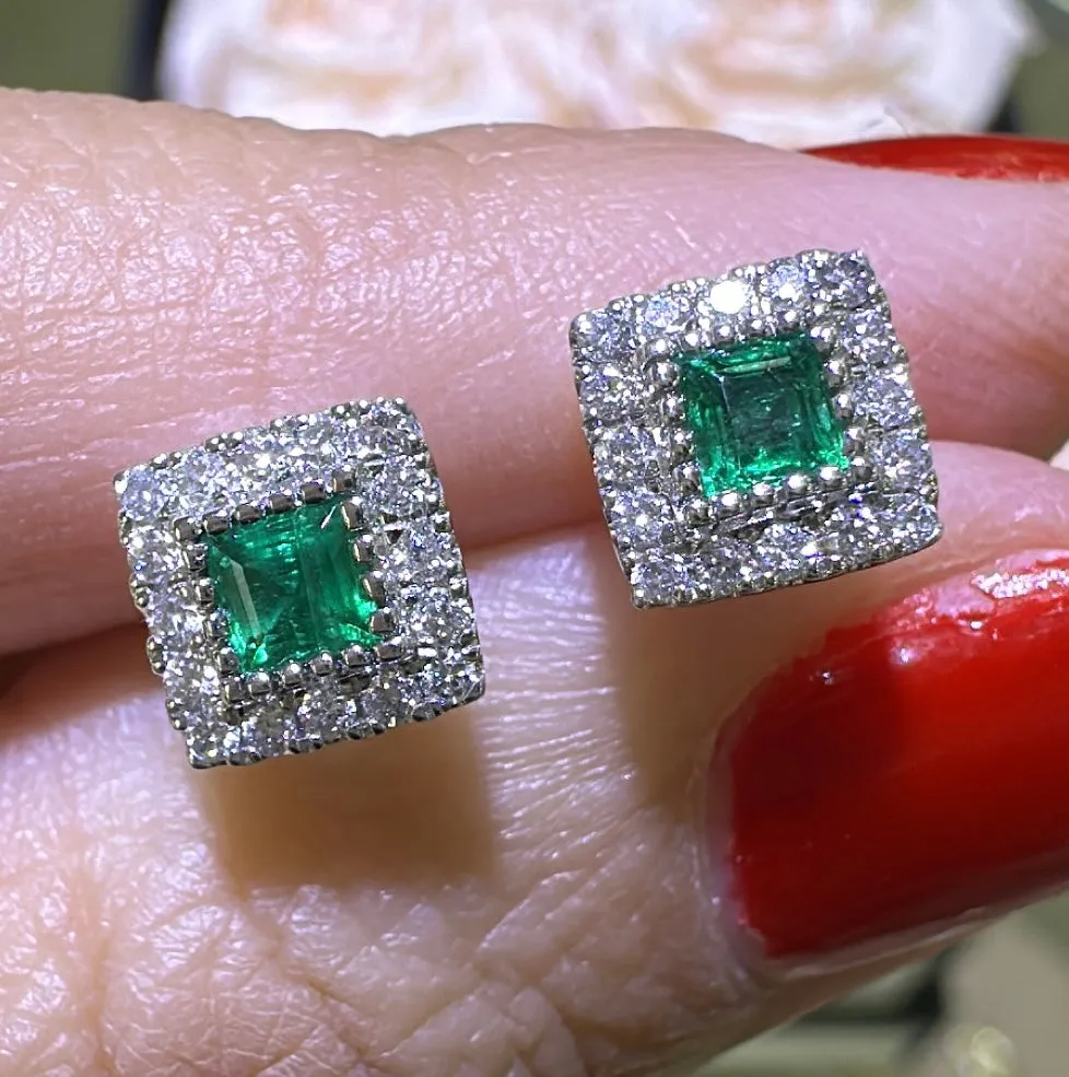 0.57ct tw Green Emerald-cut Emerald-cut Diamond Halo Stud Earrings