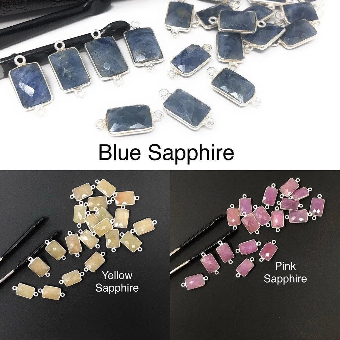 10 Pcs /14 Pcs Natural Sapphire Gemstone Connectors, Silver Findings,