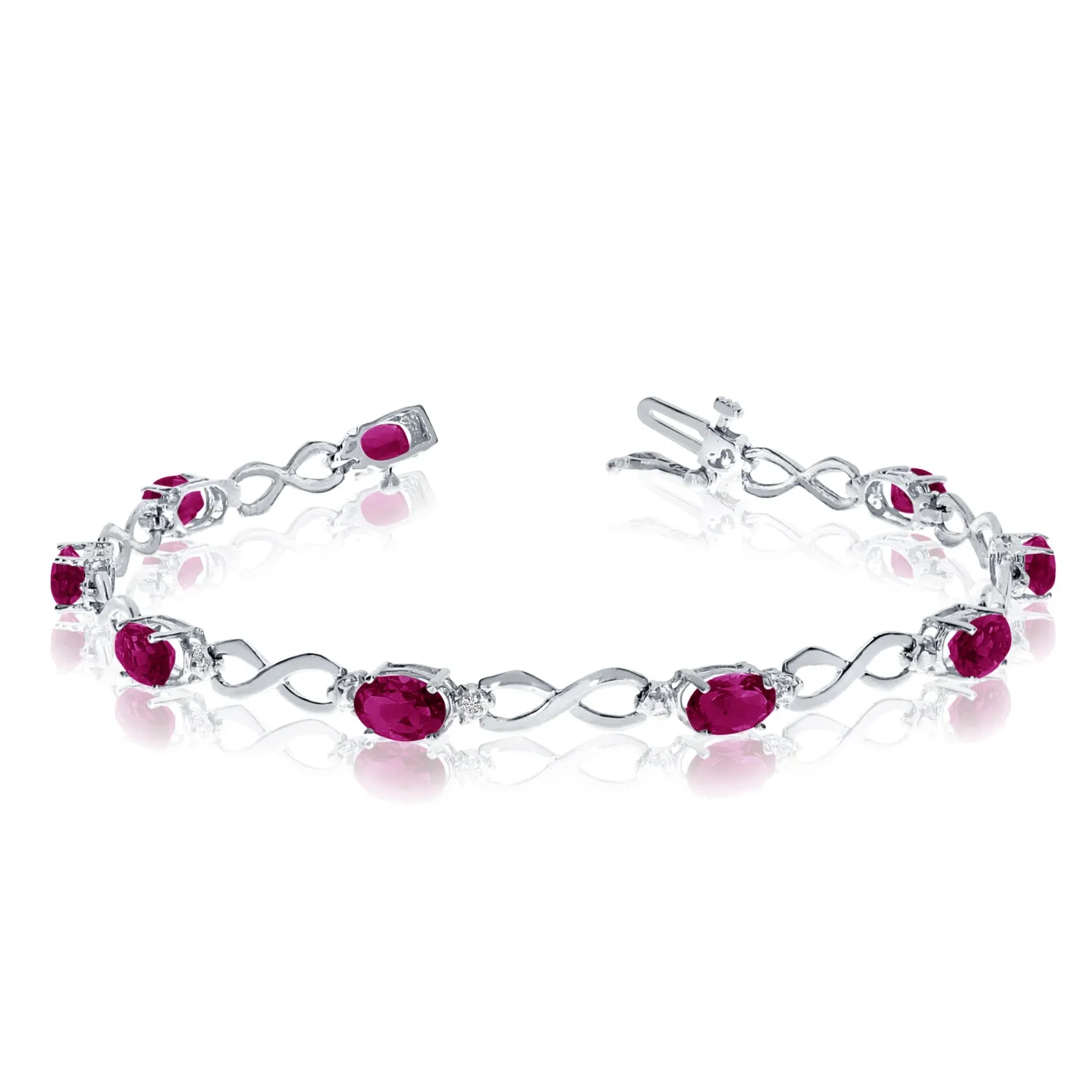 10K White Gold Oval Ruby Stones And Diamonds Infinity Tennis Bracelet, 7"