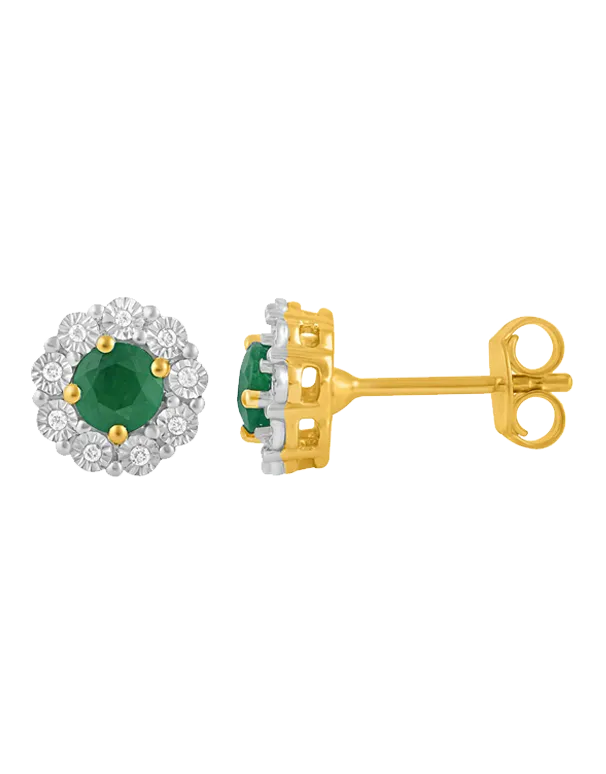 14ct Yellow Gold Natural Emerald and Diamond Earrings - 780703