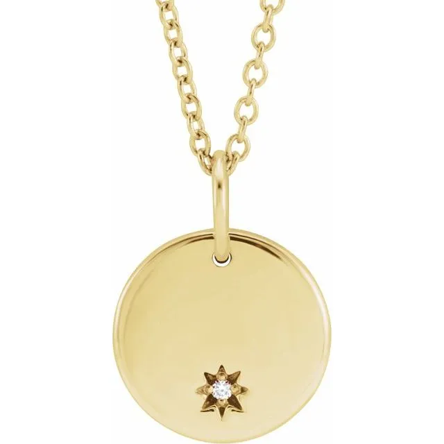 14K Gold .005 CT Diamond Round Engravable Starburst Necklace