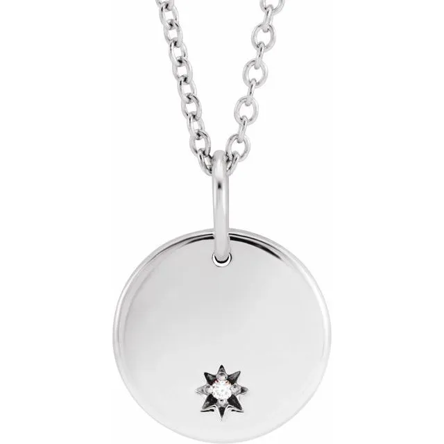 14K Gold .005 CT Diamond Round Engravable Starburst Necklace