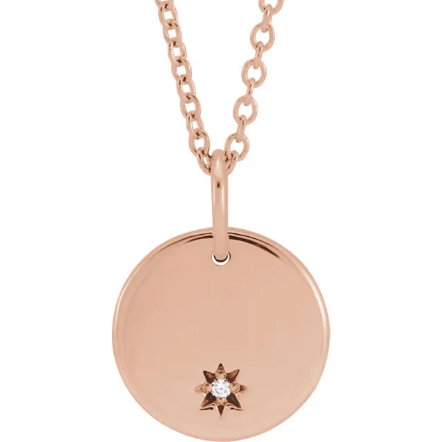 14K Gold .005 CT Diamond Round Engravable Starburst Necklace