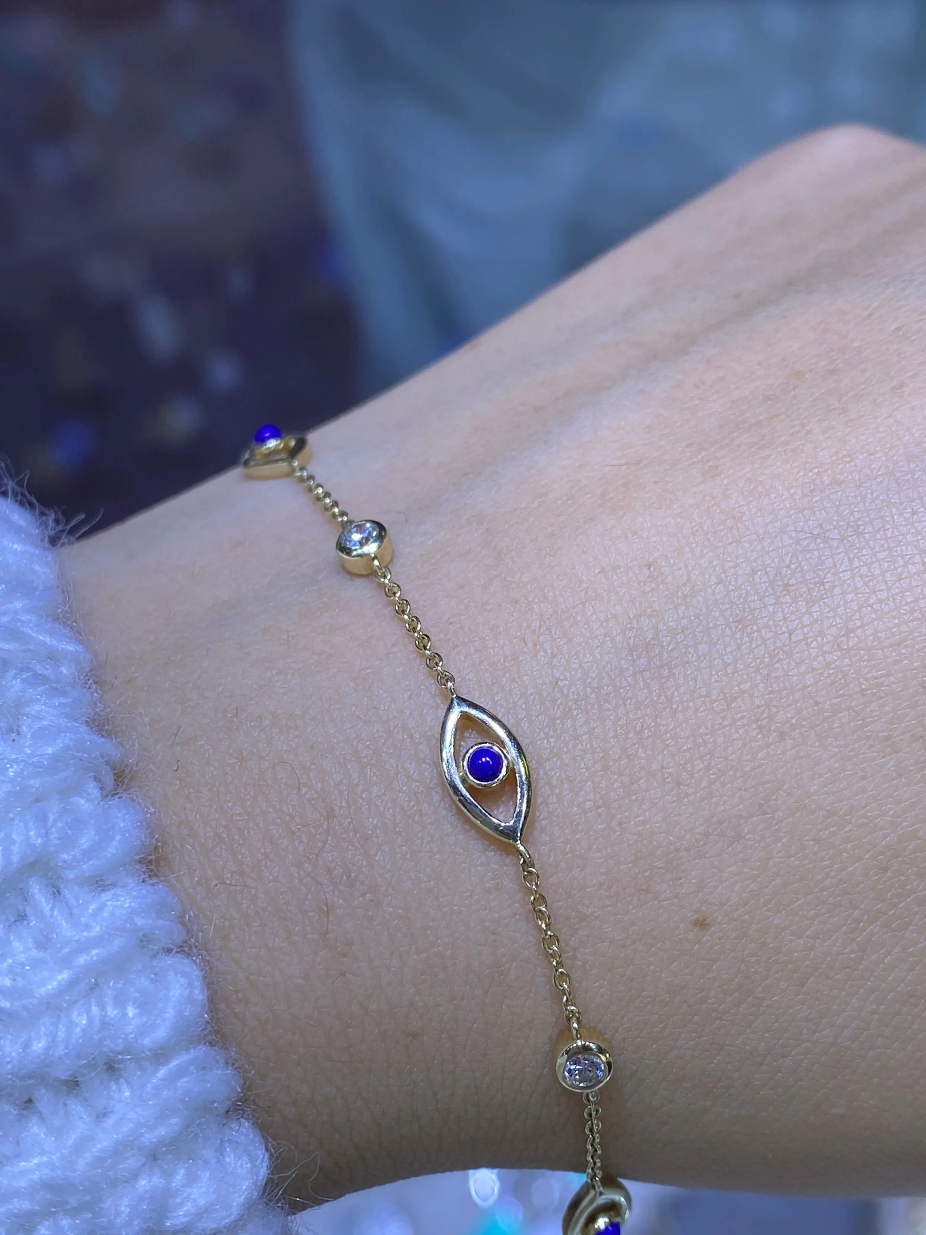 14K Gold Evil Eye and Diamond Bezel Bracelet