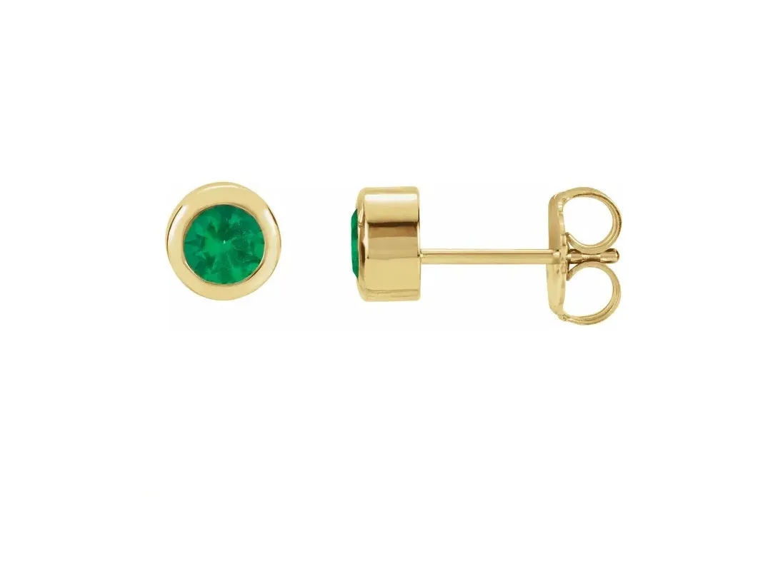 14K Gold Natural Emerald Bezel-set Stud Earrings