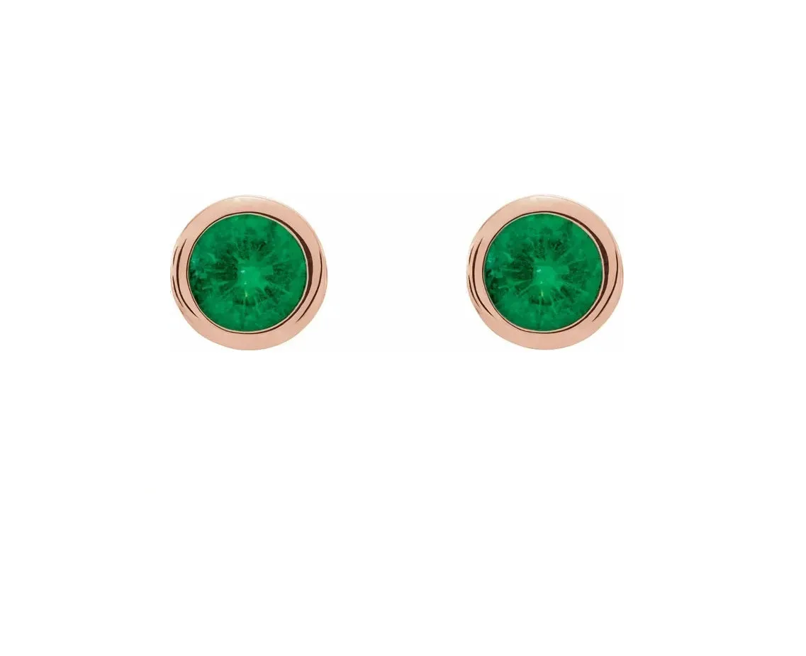 14K Gold Natural Emerald Bezel-set Stud Earrings