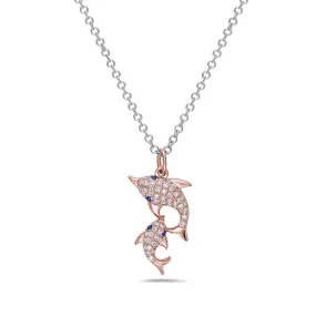 14K Rose Gold two Dolphins Diamond Necklace