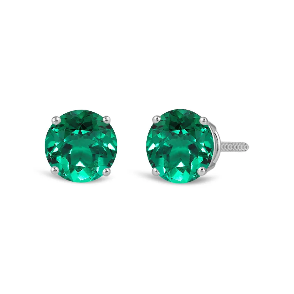 14K Solid White Gold Classic Four Prong Stud Earrings | Round Cut Created Emerald | Screw Back Posts | With Gift Box