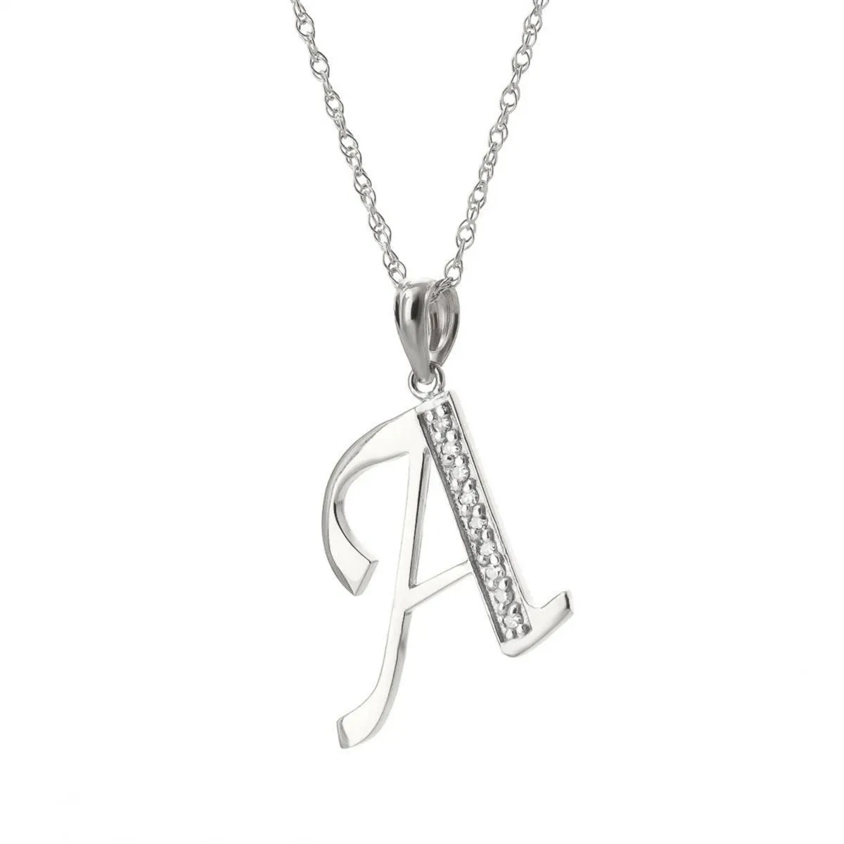 14K Solid White Gold Necklace w/ Natural Diamonds Initial 'a' Pendant