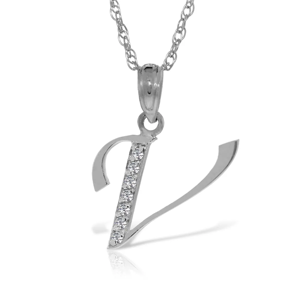 14K Solid White Gold Necklace w/ Natural Diamonds Initial 'v' Pendant