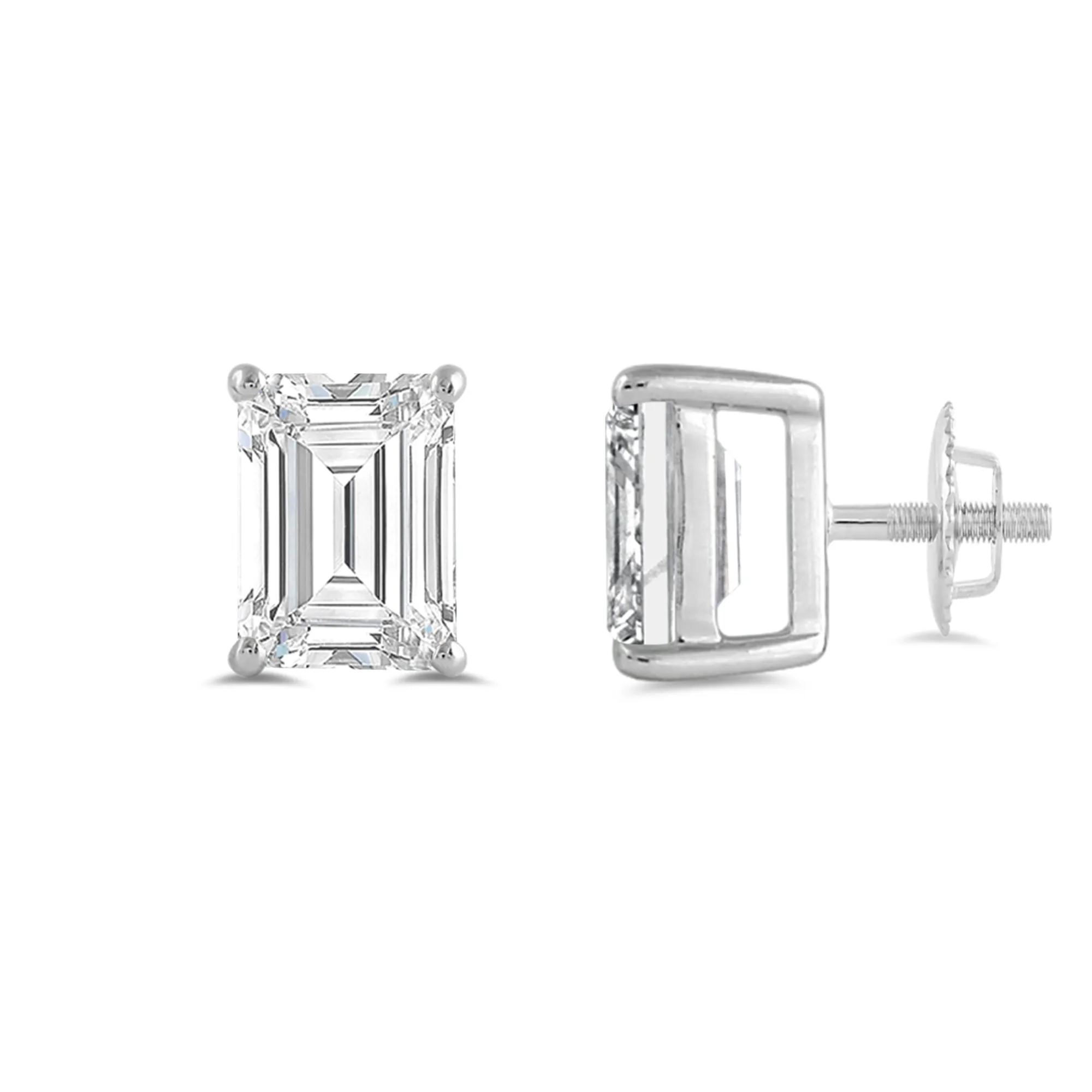 14K Solid White Gold Solitaire Stud Earrings | Emerald Cut Cubic Zirconia | Screw Back Posts | 3.0 CTW | With Gift Box