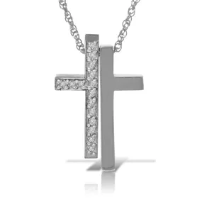 14K Solid White Gold Split Cross Necklace w/ Natural Diamonds