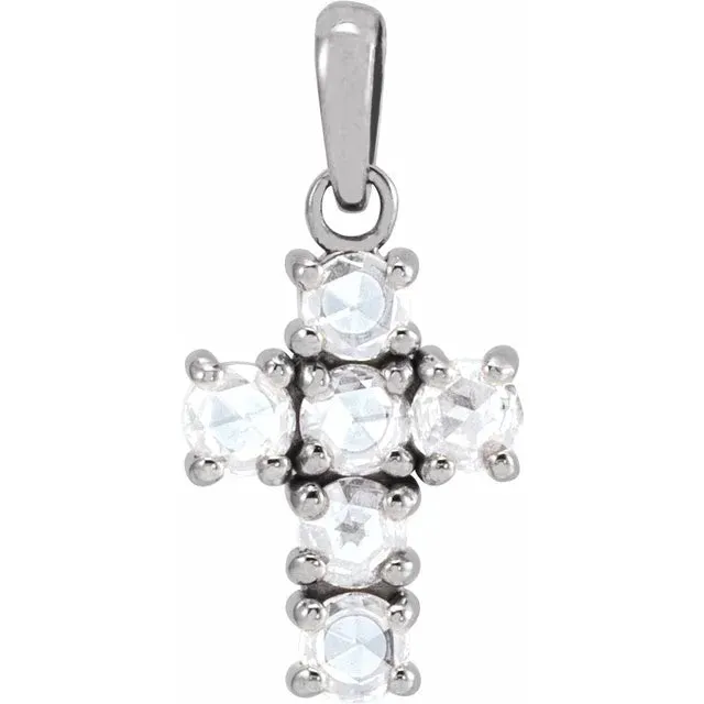 14K White Gold 1/8 CTW Rose-Cut Natural Diamond Cross Pendant