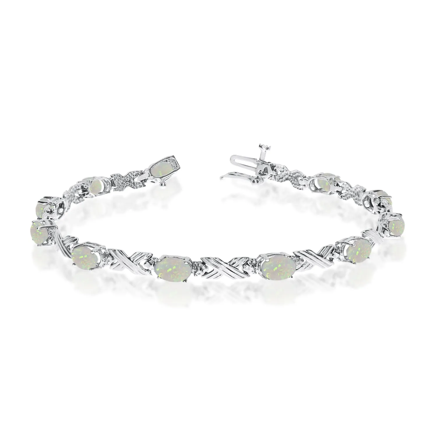 14K White Gold Oval Opal Stones And Diamonds Tennis Bracelet, 7"