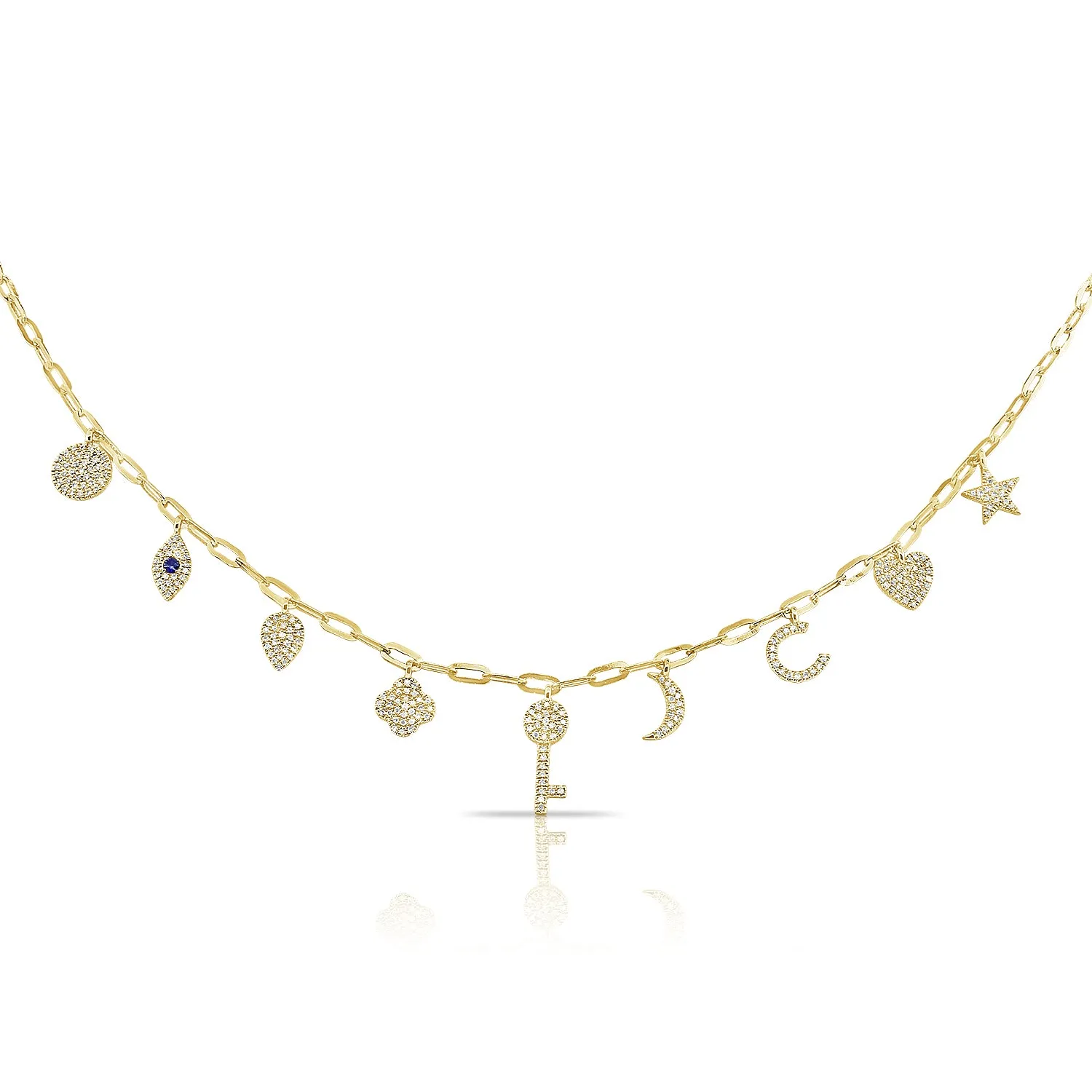 14K Yellow Gold Diamond   Sapphire Charm Necklace