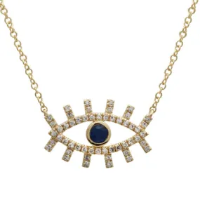 14K Yellow Gold Diamond   Sapphire Evil Eye Eyelash Necklace