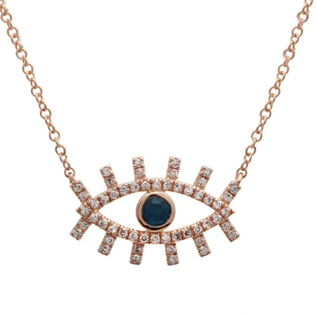 14K Yellow Gold Diamond   Sapphire Evil Eye Eyelash Necklace