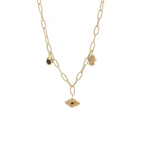 14K Yellow Gold Fashion Eye and hand Diamond Necklace