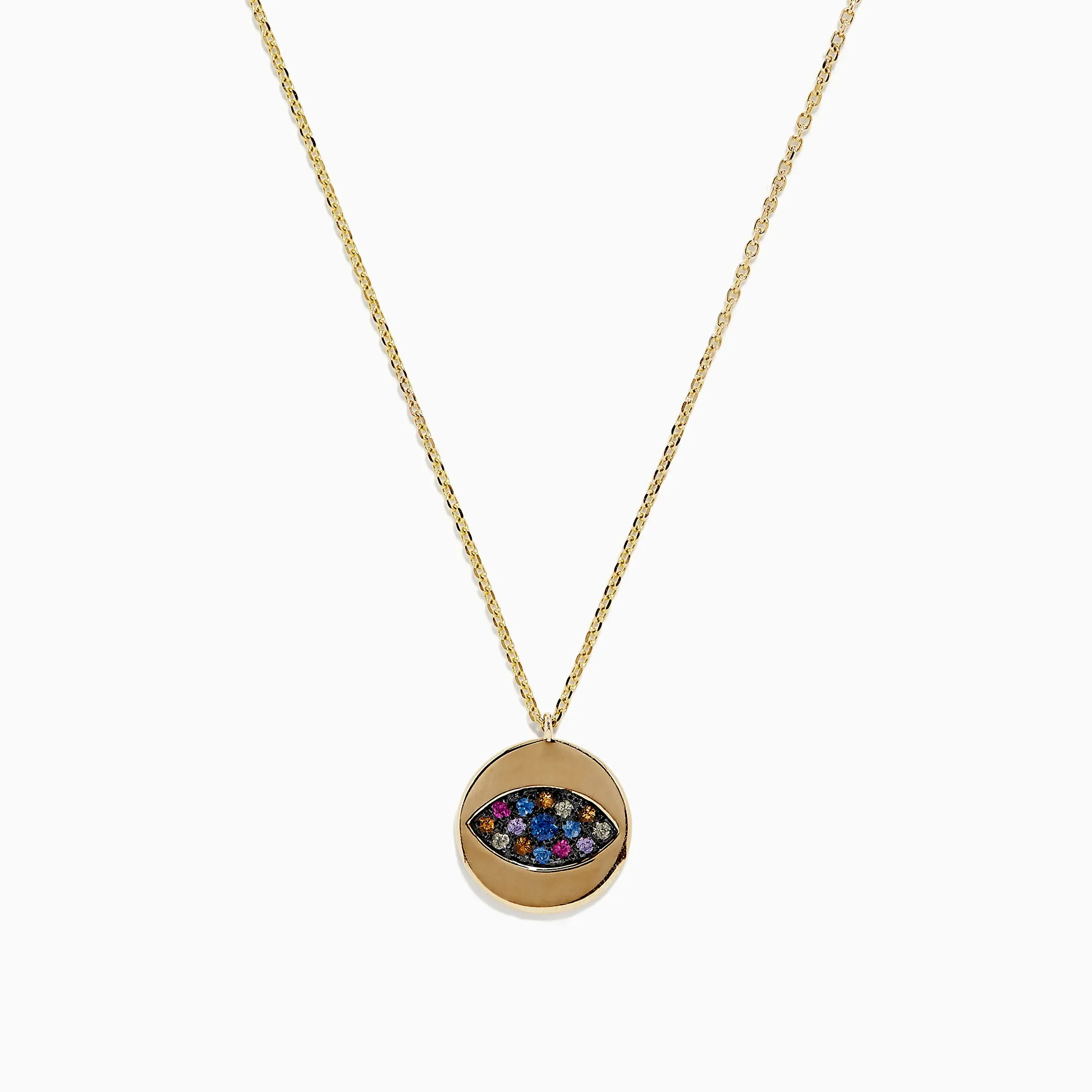 14K Yellow Gold Multi Sapphire and Diamond Evil Eye Necklace, 0.29 TCW