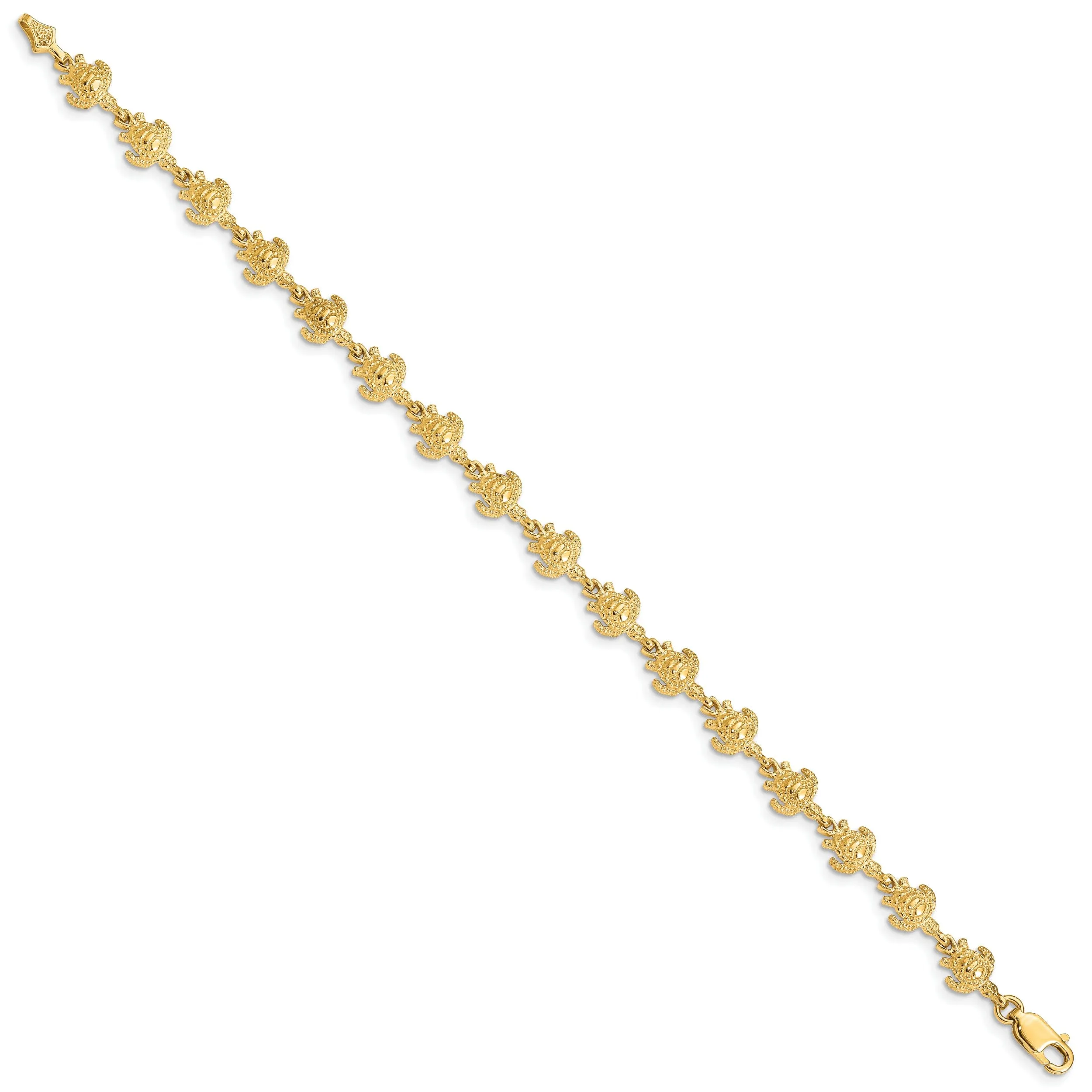 14k Yellow Gold Sea Turtle Bracelet. Polished finish, 7mm width, 7" length