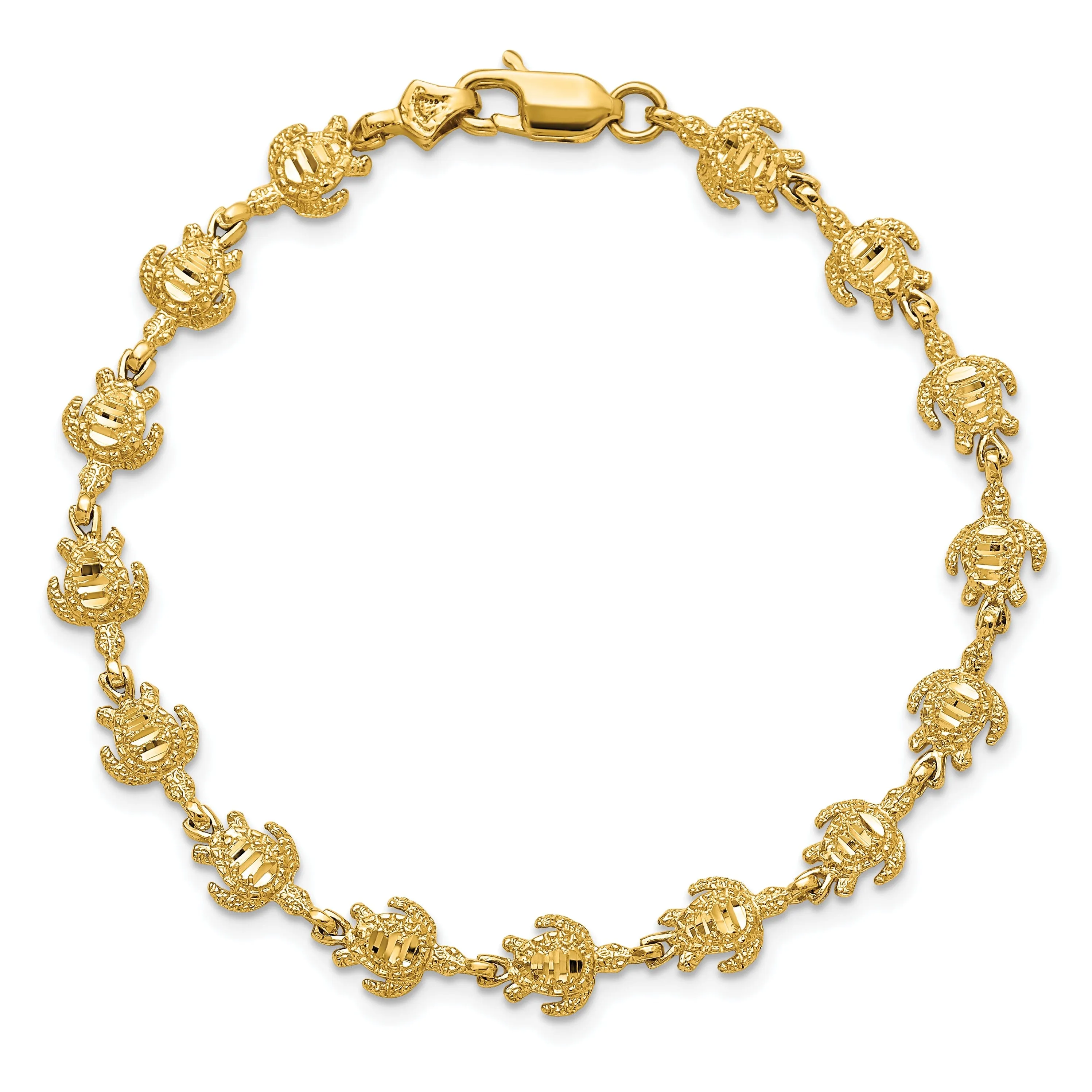 14k Yellow Gold Sea Turtle Bracelet. Polished finish, 7mm width, 7" length