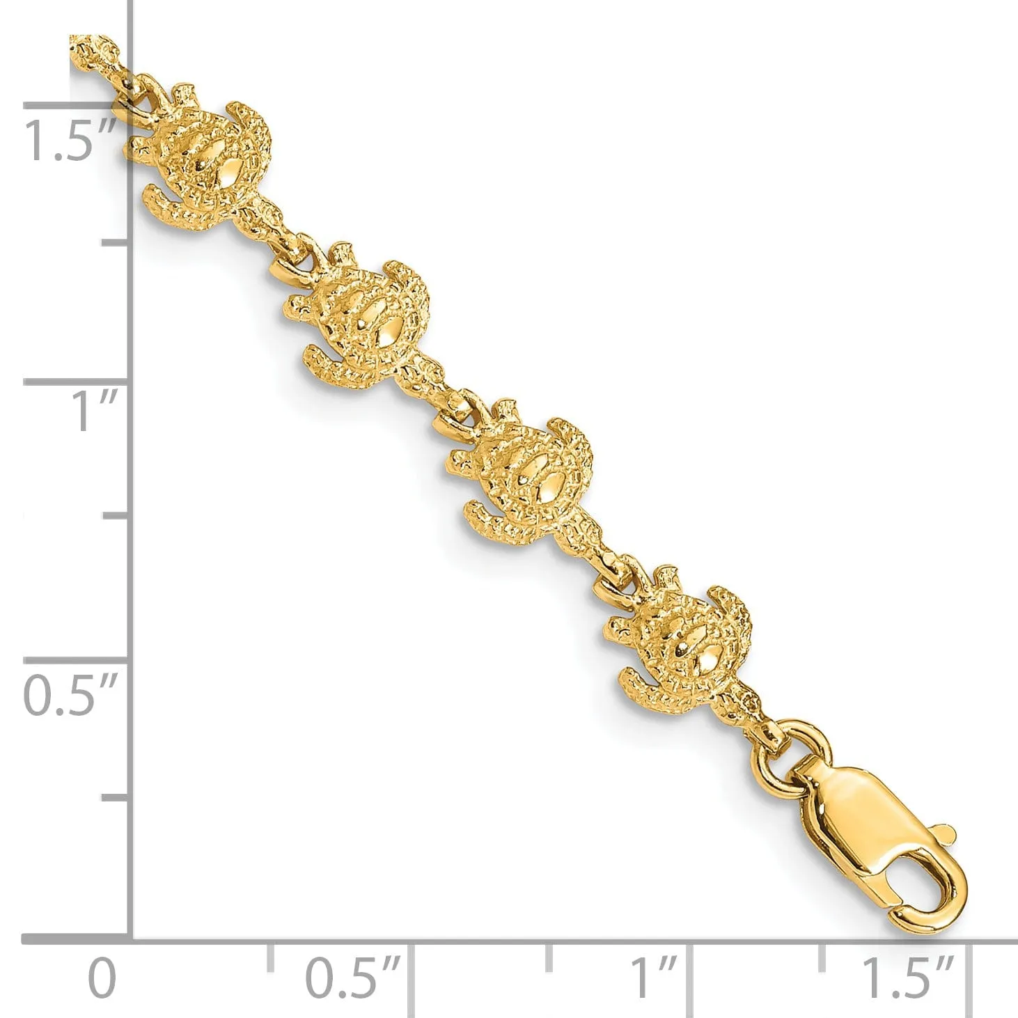 14k Yellow Gold Sea Turtle Bracelet. Polished finish, 7mm width, 7" length