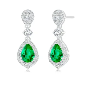 1.55 CT. Pear Emerald Drop Earrings with Pavé Halo