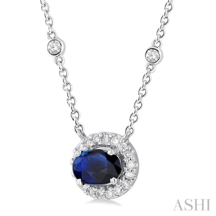 1/6 ctw East West 6X4MM Oval Cut Sapphire and Round Cut Diamond Halo Precious Necklace in 14K White Gold