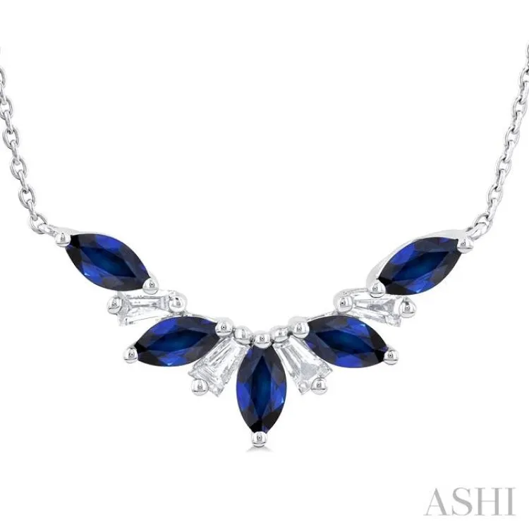 1/6 ctw Marquise Cut 5X3MM Sapphire and Baguette Cut Diamond Precious Gemstone Necklace in 14K White Gold