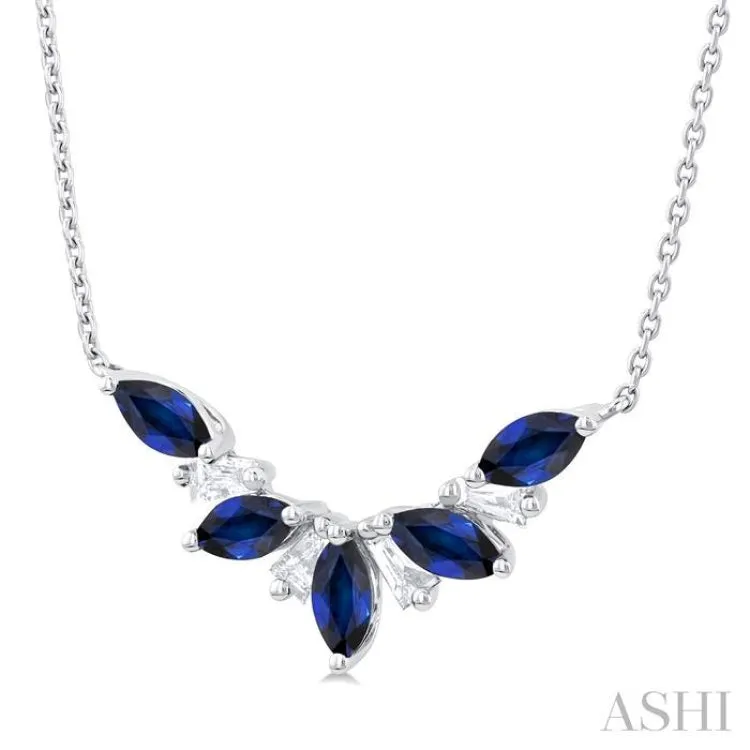 1/6 ctw Marquise Cut 5X3MM Sapphire and Baguette Cut Diamond Precious Gemstone Necklace in 14K White Gold