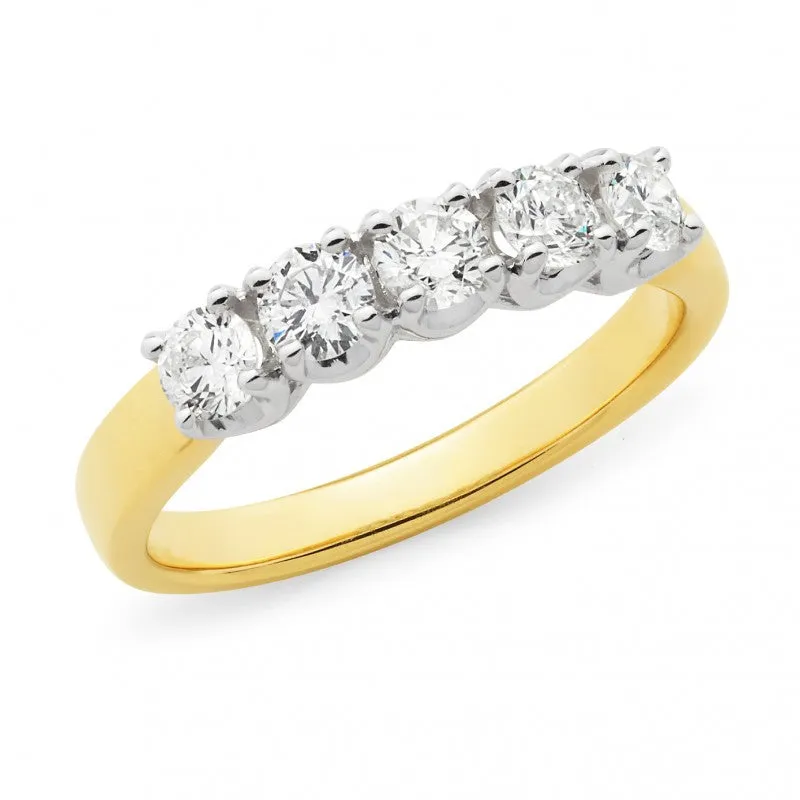 18CT Two Tone Diamond Claw Set 5 Stone Anniversary Ring