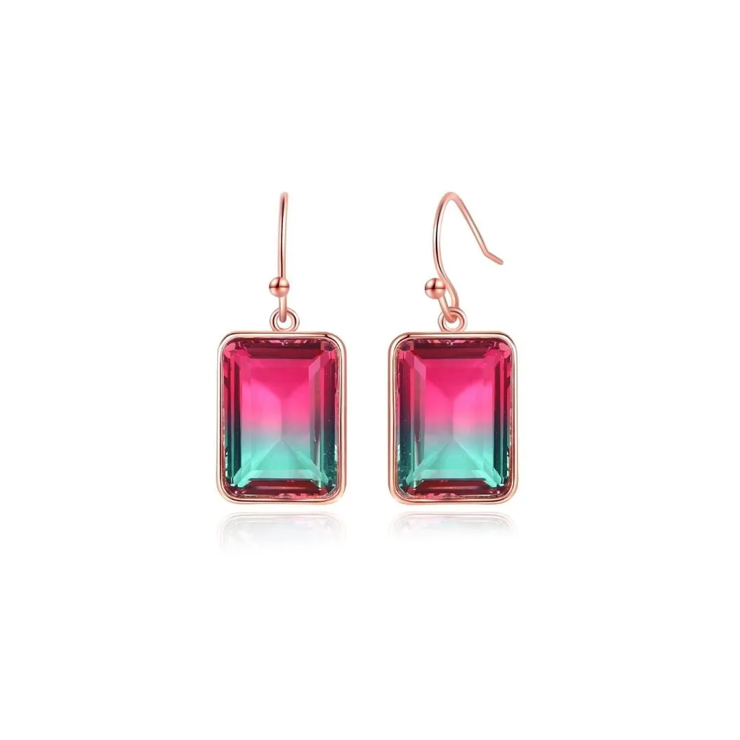 18K Gold Plated Emerald Cut Gemstone Drop Earrings