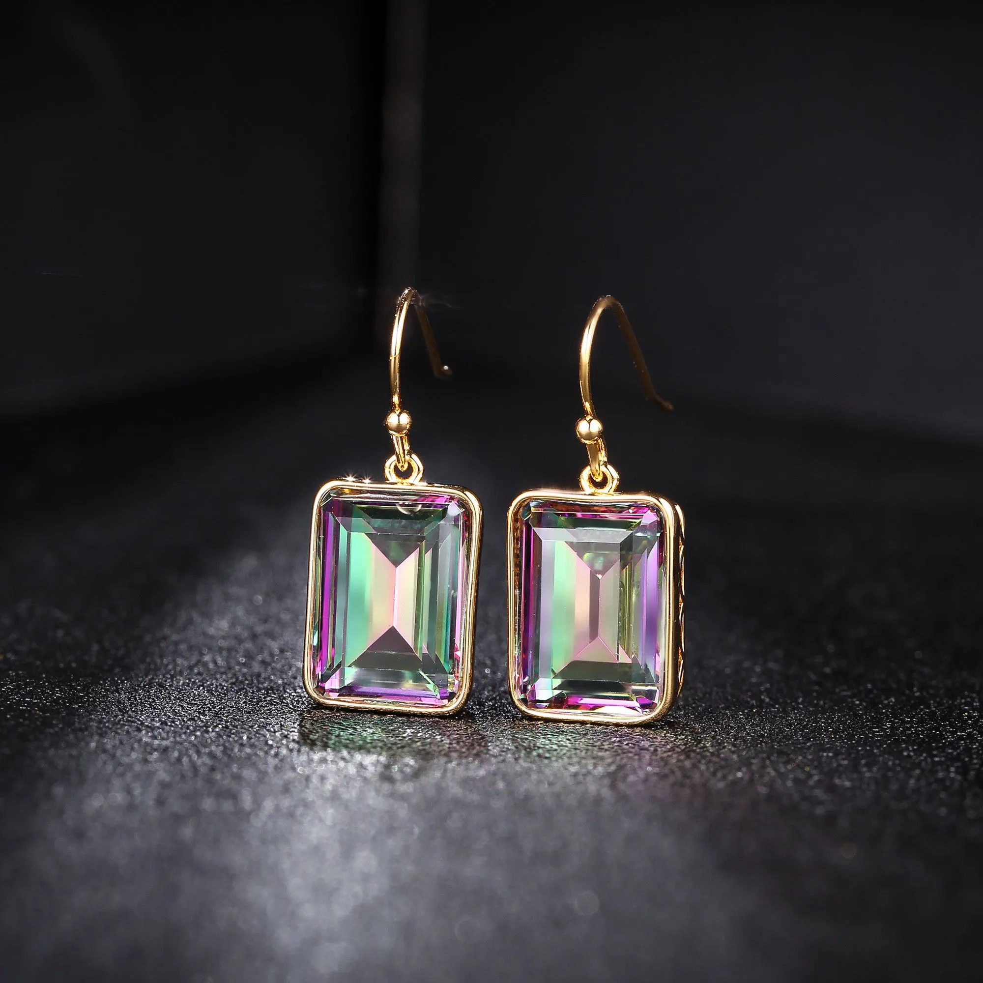 18K Gold Plated Emerald Cut Gemstone Drop Earrings