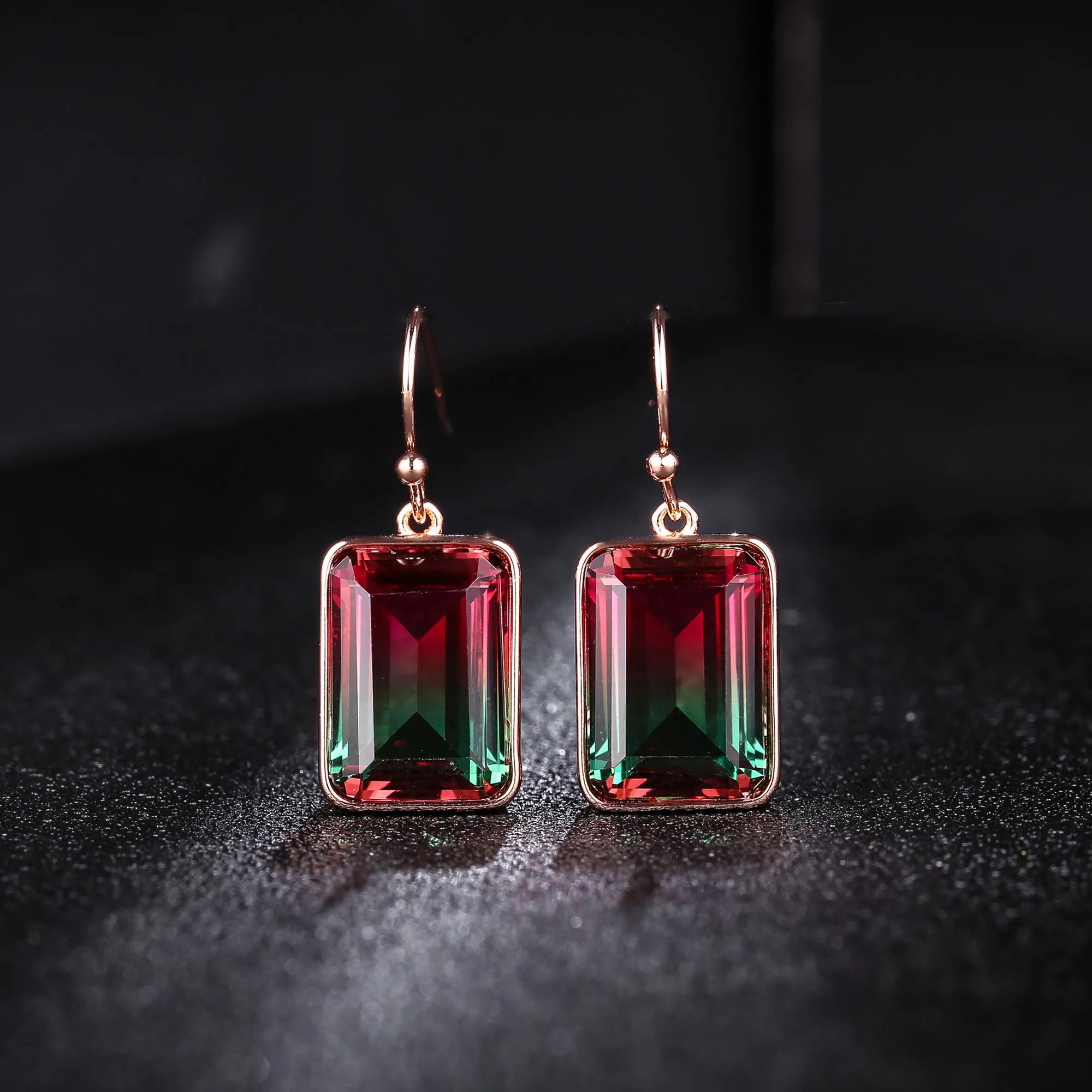 18K Gold Plated Emerald Cut Gemstone Drop Earrings