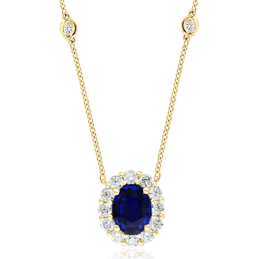 18K Gold Sapphire and Diamond Halo Pendant Necklace