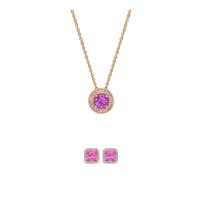 18K Rose Gold 1/2ct Halo Pink Sapphire Round 18 Inch Necklace and HaloSquare Earrings Set Plated