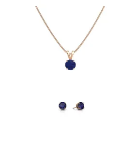 18K Rose Gold 1ct Blue Sapphire Round 18 Inch Necklace and Earrings Set Plated