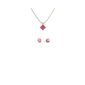 18K Rose Gold 1ct Pink Sapphire Princess Cut 18 Inch Necklace and Round Earrings Set Plated