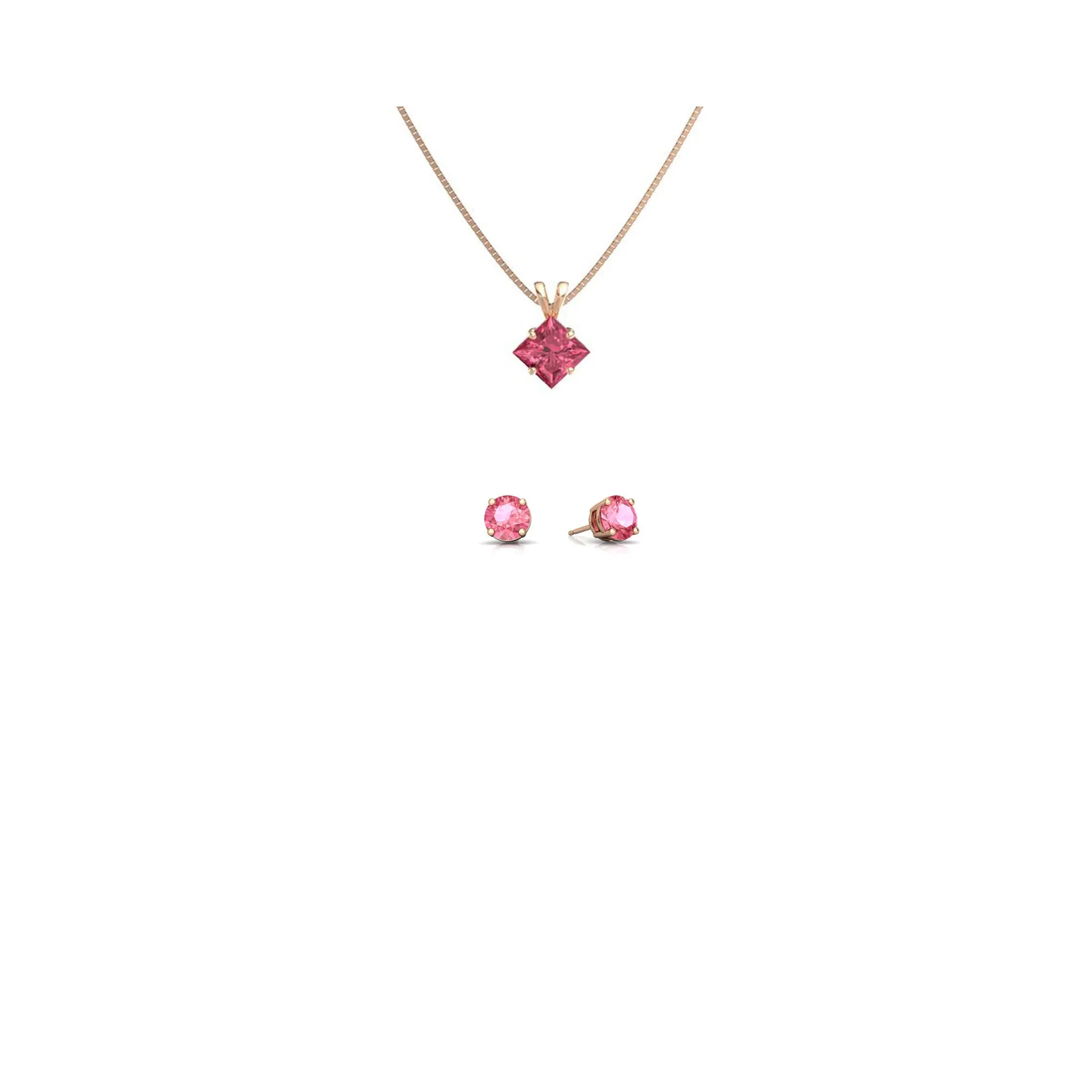 18K Rose Gold 1ct Pink Sapphire Princess Cut 18 Inch Necklace and Round Earrings Set Plated