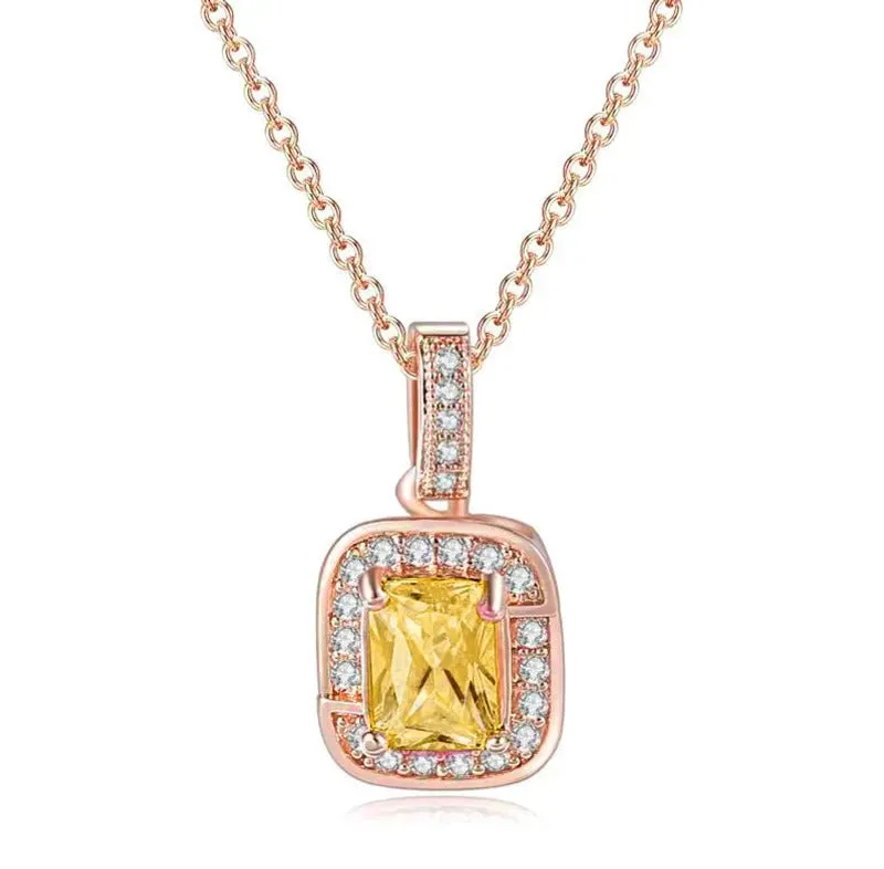 18K Rose Gold Created Citrine Princess Halo Pendant Necklace, Earrings and Tennis Bracelet Jewelry Set Plated