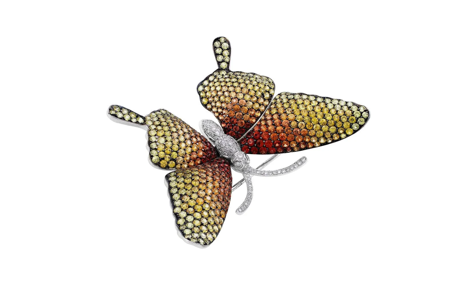 18k White Gold Yellow & Orange Sapphire Butterfly Pin