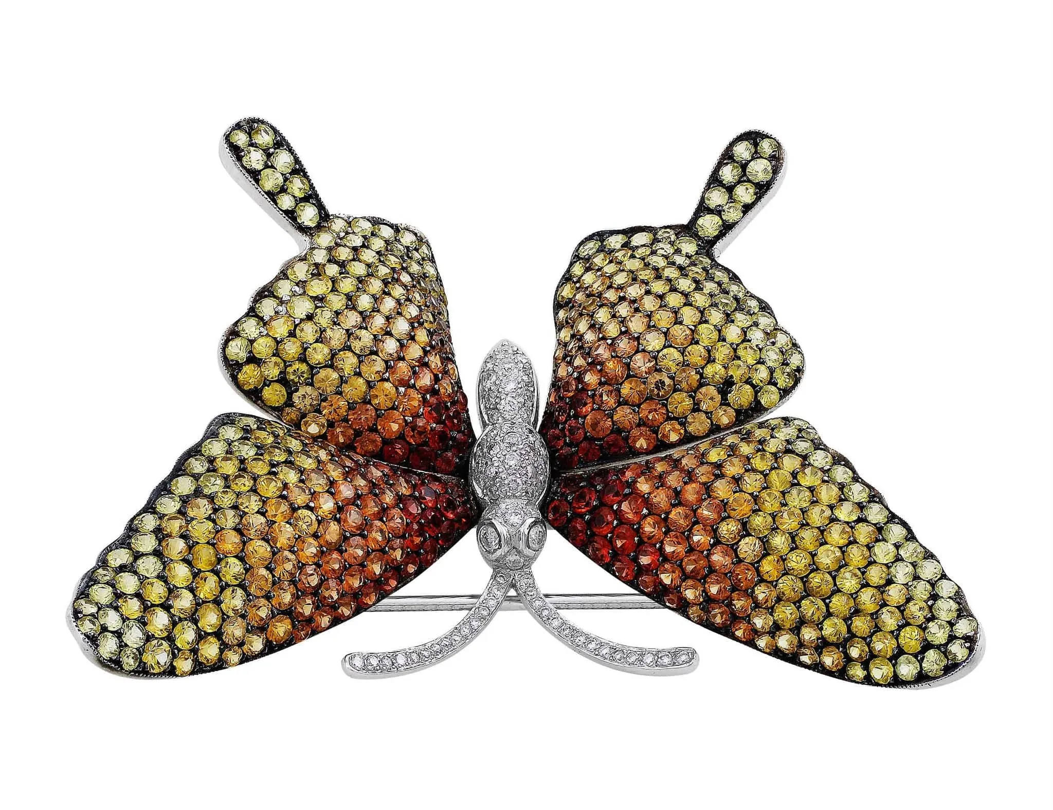 18k White Gold Yellow & Orange Sapphire Butterfly Pin