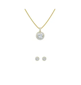 18K Yellow Gold 1/2ct Halo White Sapphire Round 18 Inch Necklace and Halo Earrings Set Plated