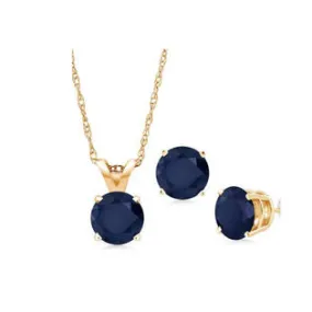 18K Yellow Gold 3ct Blue Sapphire Round 18 Inch Necklace and Earrings Set Plated