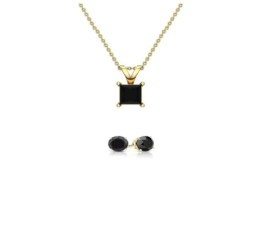 18K Yellow Gold 4ct Black Sapphire Princess Cut 18 Inch Necklace and Round Earrings Set Plated