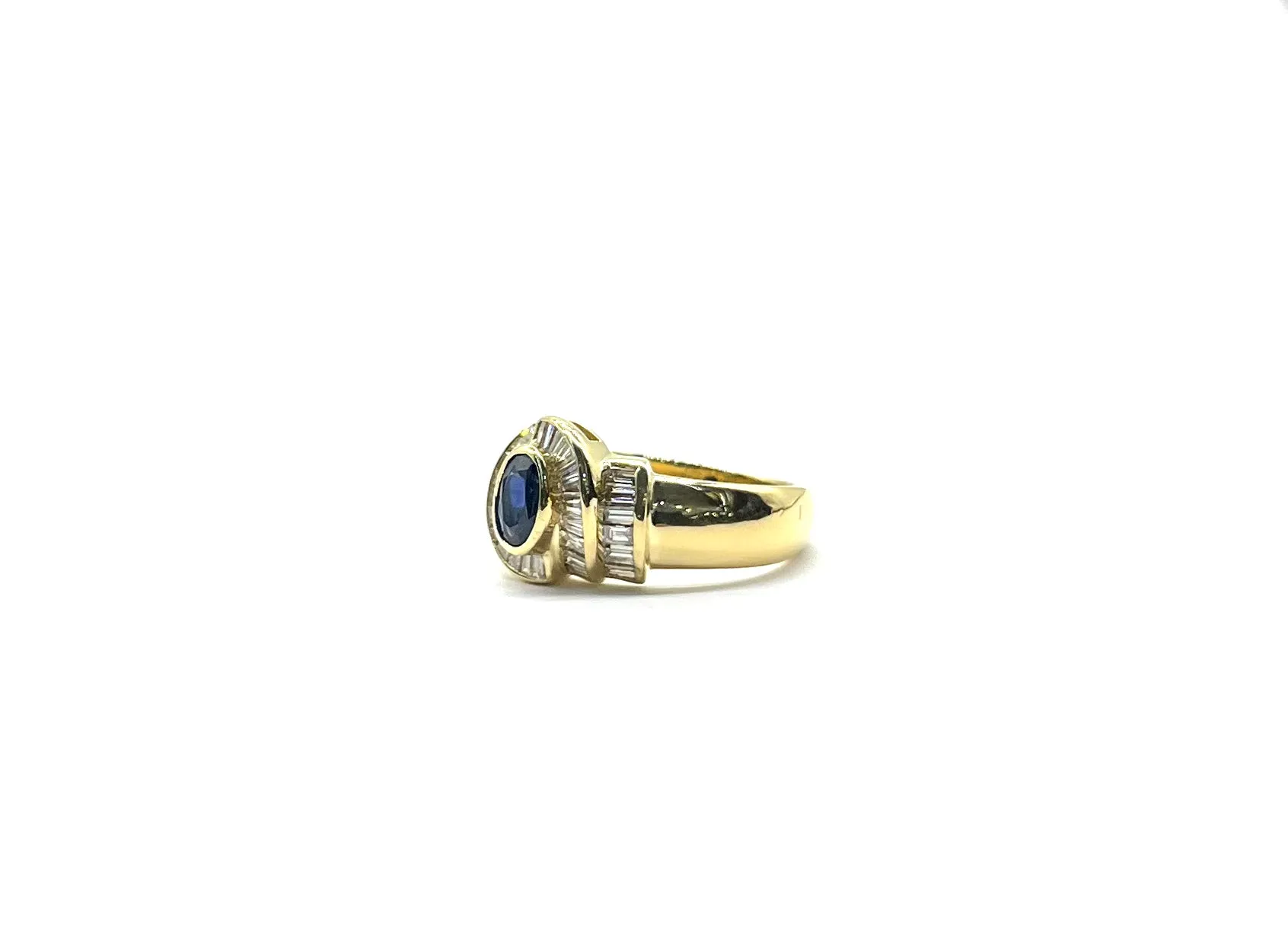 18k Yellow Gold Bezel Sapphire Ring with Baguette Cut Diamonds