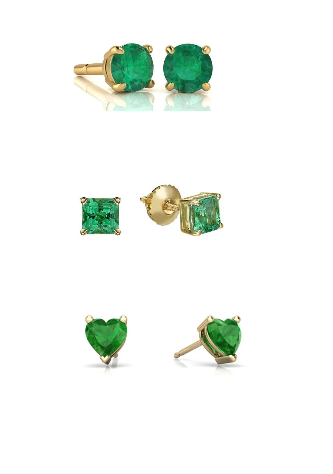 18k Yellow Gold Plated 6mm Created Emerald 3 Pair Round, Square and Heart Stud Earrings