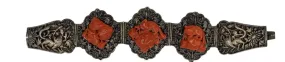 1920s Chinese Silver Repousse Bracelet with Deep Carved Coral Figuratives