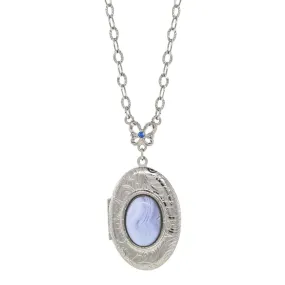 1928 Jewelry Oval Blue Lace Agate Gemstone Locket Necklace 26"