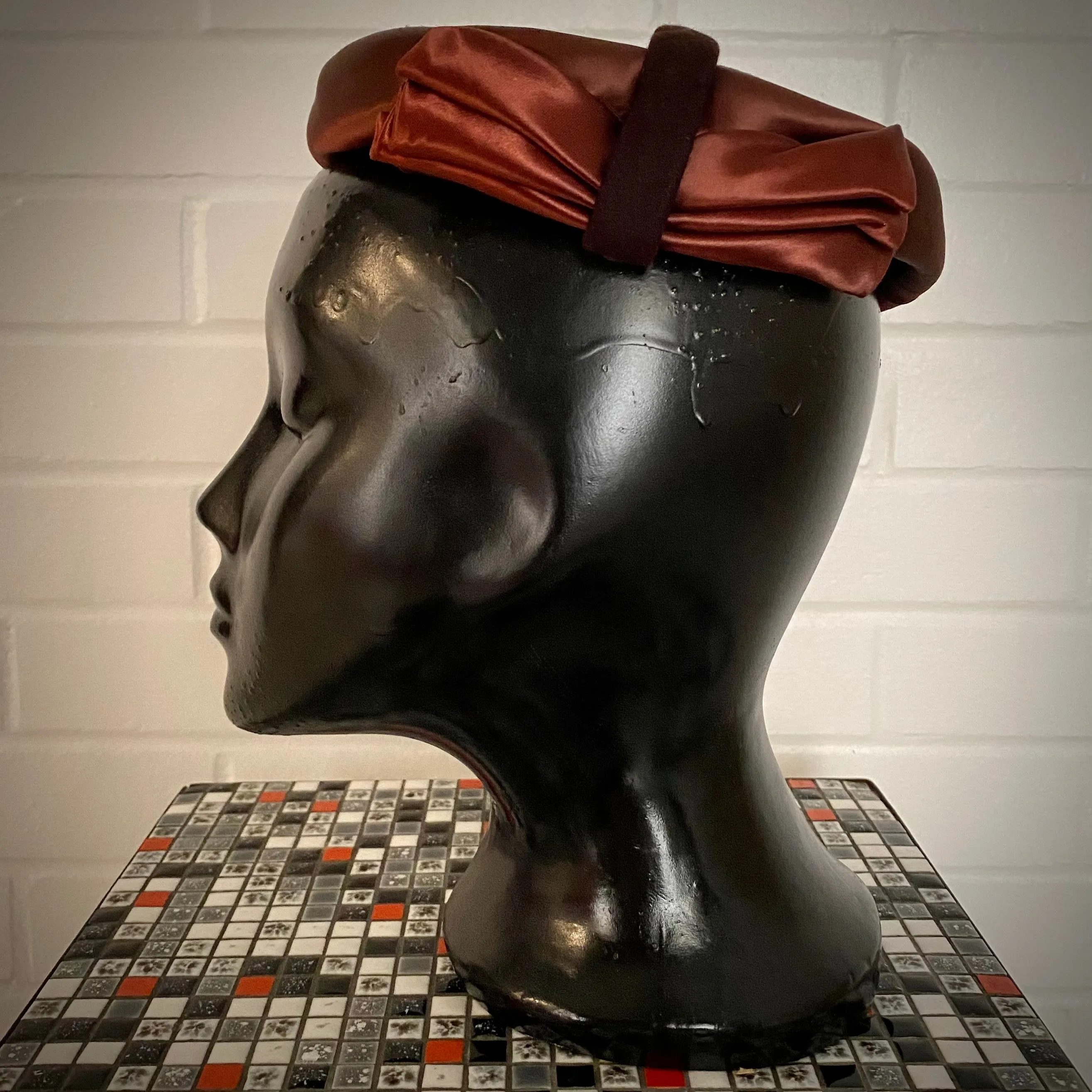 1950s Brown Felt & Satin Calot Hat